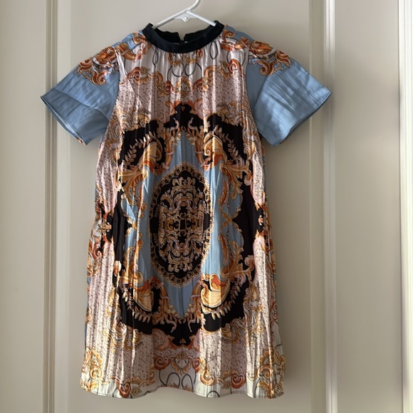 ZARA girl flowy PLEATED FLORAL leaf A-line DRESS band collar short sleeve size 8 - Picture 7 of 8